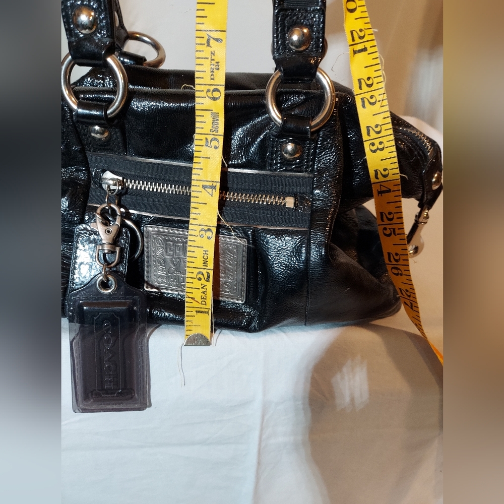Coach Poppy Black Patent Leather Satchel With Silver Hardware And Teal Lining - Picture 12 of 12
